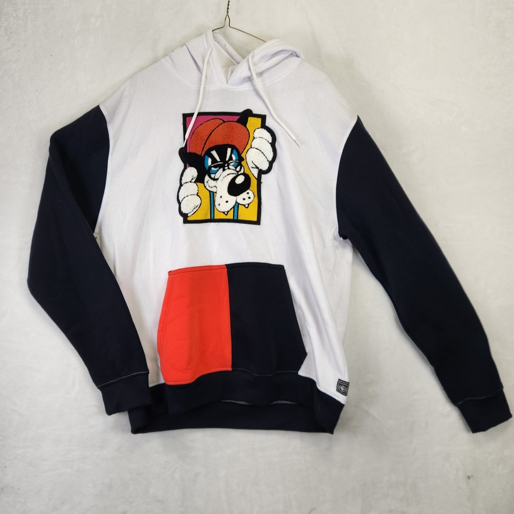 Southpole Mens XL Colorblock Hoodie White Navy Red Chenille Cartoon Patch Fleece